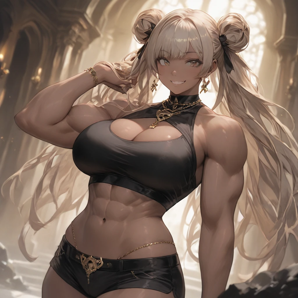 milf amazon woman with a greyish blond thick plait braid hairstyle holding a spear, toned body, dark skin tone, pronounced cheekbones, adult face, standing tall