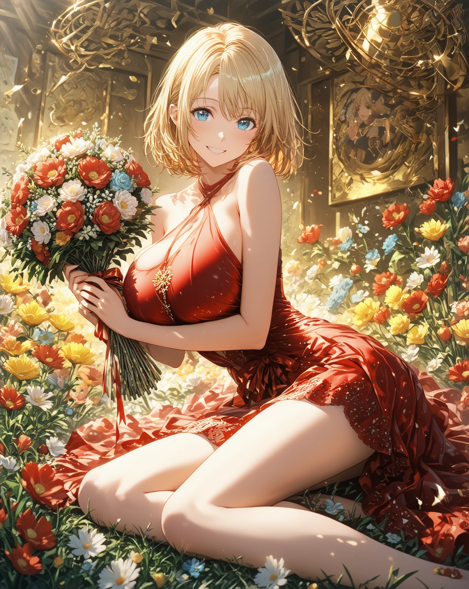 Tabletop, Young and beautiful girl, smile, Looking into the camera, Standing in front of a rose, Wear nothing,Completely naked,Ecchi,Big Breasts, White sneakers. Wear a top and shorts, Flowers, Full body photo, Casual pose, Thin legs