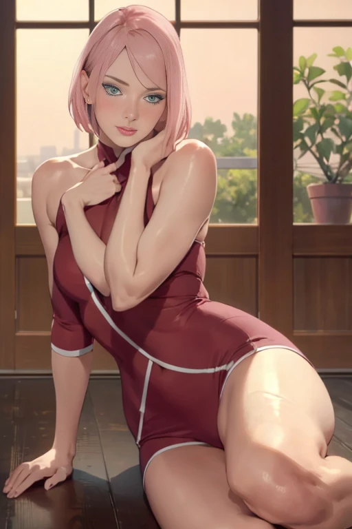 sakura haruno, exposed leg dress, maturebody, beautiful face, sultry posing, big buttocks, illustration, high resolution, ultra detali, realisitic, swirly vibrant colors, soft lighting