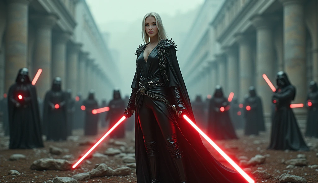 Vous avez dit :
une image Haute qualité, 8K Ultra HD avec le personnage de Joey King habillée en tenue de Sith noire, elle porte une robe longue usé, des bottes noir montant a la motier des mollets, avec un haut décolleté en v dechirer faisant appqaraitre une tres grosse poitrine dénudée, elle a les cheveux blanc flotant dans le vent, Elle a un regard menaçant., elle tiens un sabre laser de couleur orange dans la main droite celui-ci fait des etincelle sur le sol et un deuxième sabre laser de couleur violet dans la main gauche tenu droit devant, Elle se tient de trois quarts de profil en position d'attaque, Elle se trouve sur un terre rocheuse et avec un volcan en eruption et de lave autour d’elle et avec ciel tres sombre
