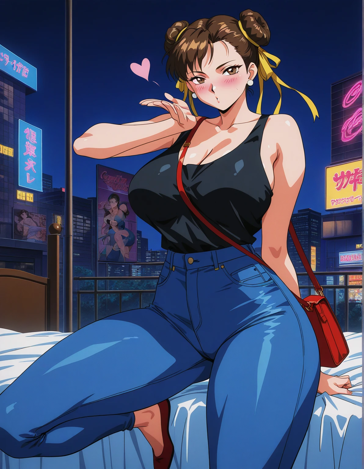 (masterpiece), high-definition, girl, smiling, big boobs, cleavage, big hips, messy dark purple hair, orange eyes, orange crop top, black thong, blue shorts, jacket, balcony, leaning on the railing, sunset