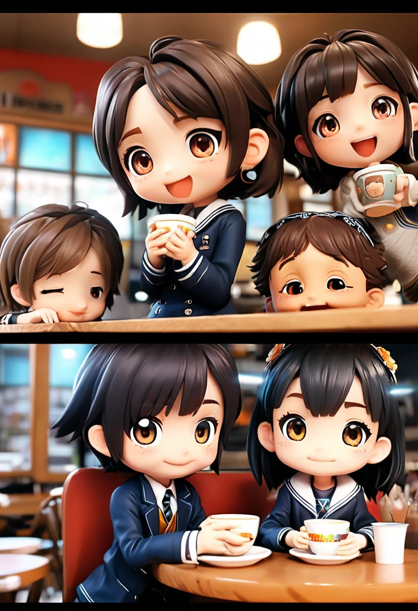 3D image of four girls sitting together in a café, wearing different school uniforms. They are talking, and holding their drinks. cartoon style. same image as before but different angle
