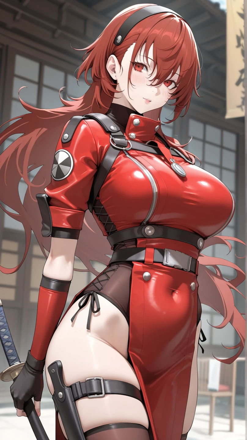 red translucent armor,Arm mecha,Short golden hair,Long ponytail hairstyle,Large Breasts,Cleavage,Pistol hanging from waist,fighter pilot,fighter hangar,Sexy,Lipstick,Miss,Golden Eyes,stockings,Short skirt