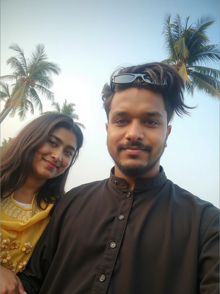 there is a man and woman standing together in front of a bush, palm trees in the background, with a tree in the background, taken at golden hour, profile image, trees in the background, portrait of two people, colored photo, with palm trees in the back, lovely couple, couple portrait, vacation photo, bushes in the background, couples portrait, #oc