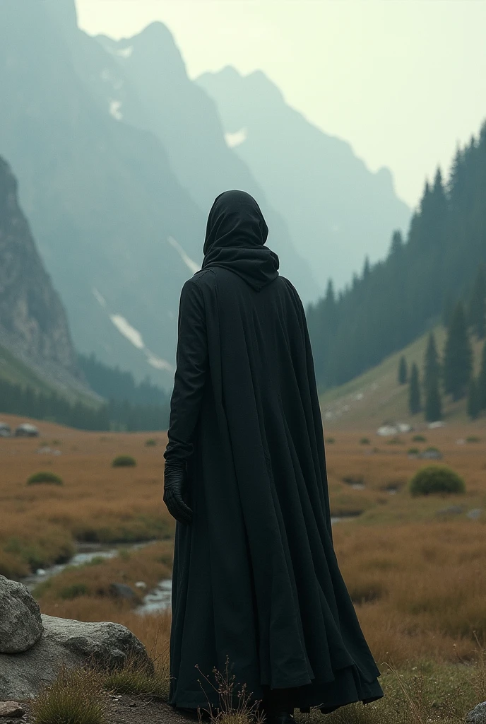 Generate an enigmatic portrait of a cloaked figure standing on a desolate moor. The figure's face is obscured by a deep hood, casting an aura of mystery. In the background, a stormy sky swirls with swirling clouds, casting an ominous glow upon the scene. The figure's cloak billows in the wind, revealing glimpses of intricate runes etched into its fabric.