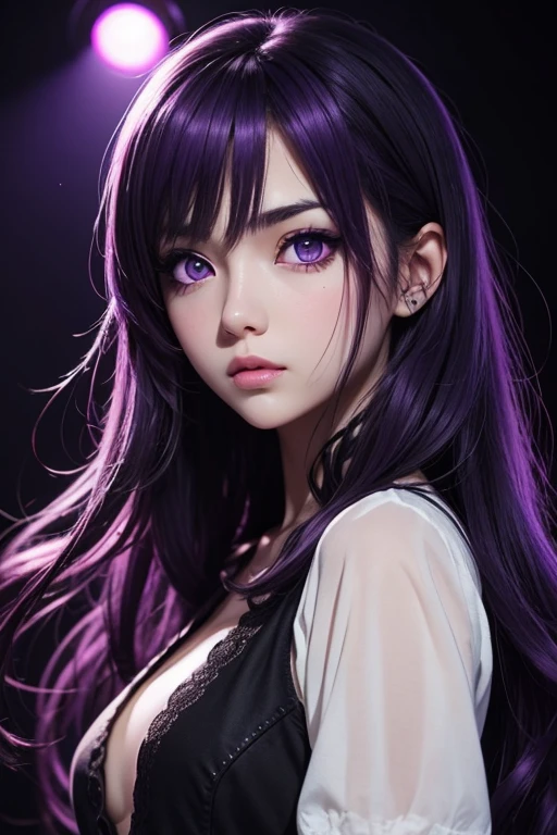 1girl, solo, black hair, long hair, looking at viewer, purple eyes, hair ornament, multicolored hair, colored inner hair, stained glass, bangs, upper body, gem, skeleton, black dress, two-tone hair, dress, indoors, red hair, lips, hand up, parted lips, spine, closed mouth, hair flower