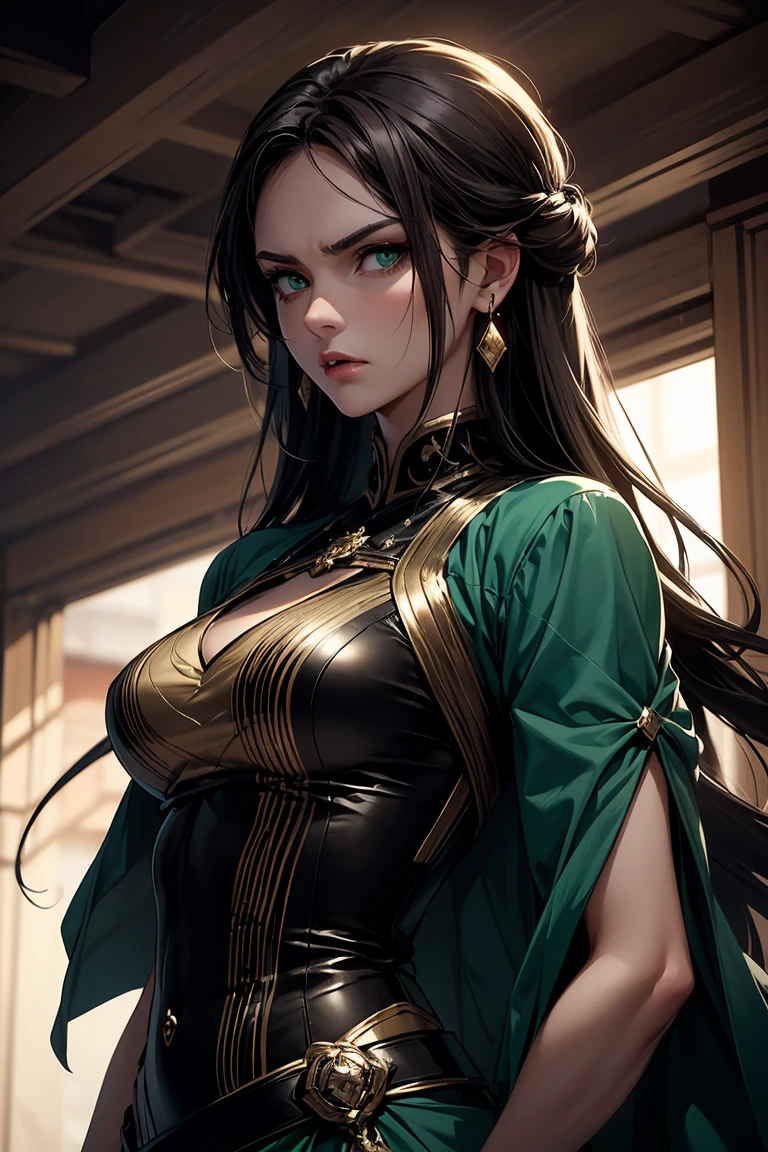 Mulher de cabelo curto e preto, olhos verdes, mid chest, curvas apontadas, Corpo sensual, roupa da pano, medieval setting, imagem HD, Imagem limpa, Imagem 4k, alta resolução, obra prima, manga art