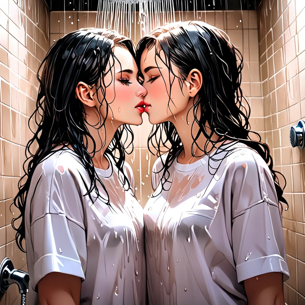 (​masterpiece),(top-quality:1.2),(two girls is deeply in love with each other:1.3), (kiss:1.2), (masuter piece:1.3),exquisitedetails, Highest quality 8K resolution, Ultra-detailed, Realistic, Vibrant colors, Soft tones, With warm and gentle lighting, A woman standing in a room wearing a skirt and sweater,  designed for cozy aesthetics, wide skirt, Styling, With short hair, simple style, Beige, 2 0, Dynamic!!, Cute:2, F / 2 0, Roots and hay coat, lookbook, Vivid), 9, jimin, ( Side ) profile  (Smooth straight blonde hair:1.2),(Hair parted in the middle:1.3),(Glowing hair),(Dark blue eyes:1.3),(Hands close to the face:1.4),White skin, hair clips,Small necklace,A gentle feeling overflows,The sun's rays illuminate joy and pure love, Warm golden glow,The atmosphere is full of happiness and laughter, As if celebrating love,Ultra-detailed depiction and vivid colors,A style that combines romanticism and realism,depth of love,color palettes,Create an ethereal atmosphere like a dream,Lighting is soft and diffused,masterpiece artwork, hand101
