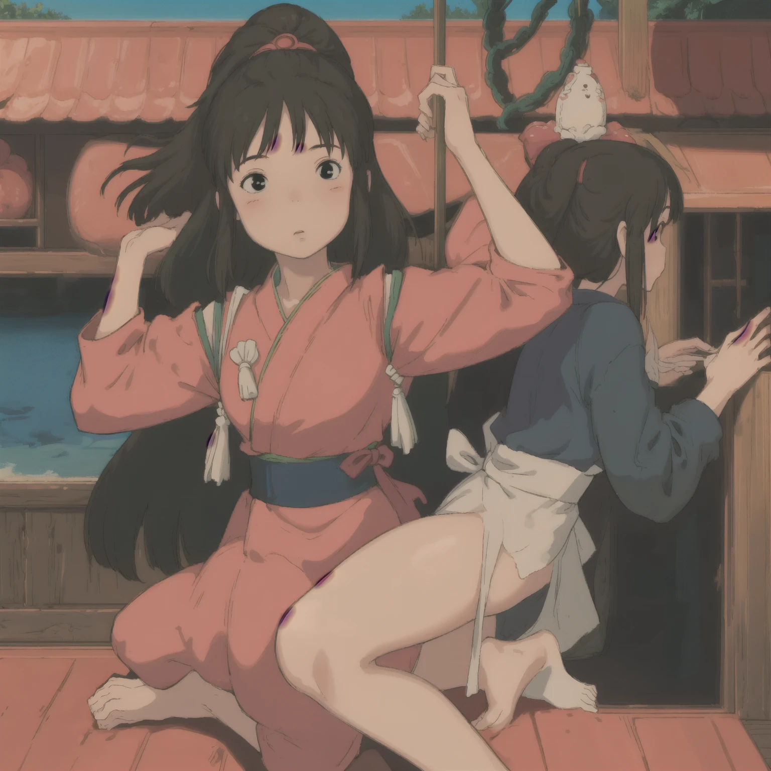 superflat, flat shading,, 3 girls, 10 years old, short hair, smile, smile, Panty shot、girl in loincloth、girl in white yukata、girl in white underwear、ragged clothes、butt、medieval rural Japan. summer、warm, bright colors, watercolor, Ghibli style、
