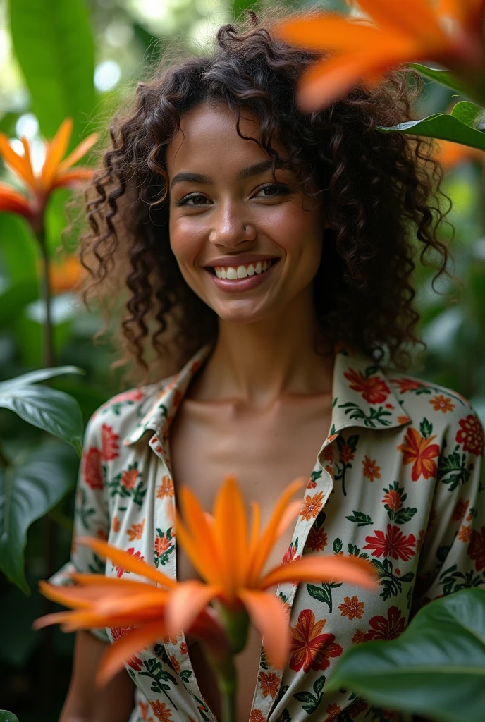 A Brazilian woman in a lush tropical garden, wearing an open shirt with a floral print, with a close-up capturing the harmonious beauty between her breasts and the natural flowers, showing off your natural charm and outgoing personality.