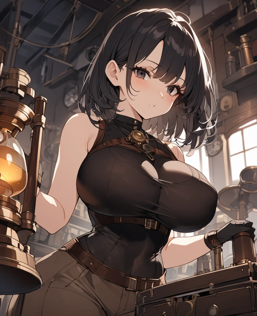 master piece,vest quality,(super detail),perfect writing, Highly detailed CG,Super detailed,(highly detailed eyes,very cute face,highly detailed face:1.3),beautiful anime girl,(solo girl),(super huge breasts:1.6),(black hair,short hair,2 side up:1.1),(big yellow eyes:1.1),(low length),jitome,(smile full of joy),open your mouth,break,(steampunk costume:1.5),(brown leather long coat,collared shirt,vest,brown newsboy cap),Leather Messenger Bag,mini skirt,(lighted lantern),(steampunk background),Night Highway,Streets of England,gaslight,cowboy shot