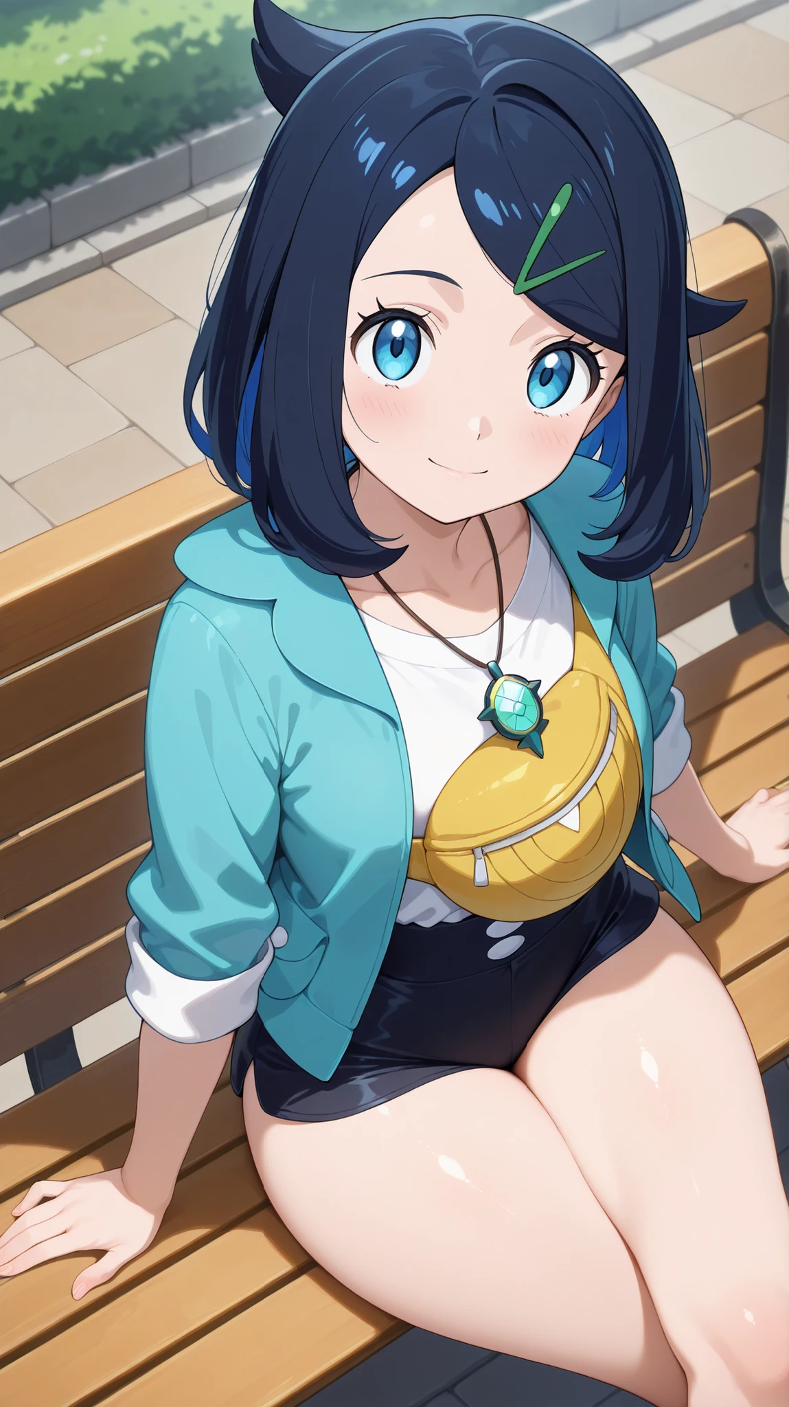 best quality, good quality, amazing quality, very aesthetic, absurdres, masterpiece, 1girl, aaliko, medium hair, black hair, colored inner hair, hairclip, blue eyes, collarbone, necklace, white shirt, fanny pack, blue jacket, open jacket, sleeves rolled up, high-waist shorts, black shorts, sitting, from above,looking up, crossed legs, looking up, looking at viewer, nice thighs, thick thighs, legs, legs together, light smile, mouth open,nice legs, nice thighs,tight shorts,outdoors, on bench,side angle,micro shorts, happy expression