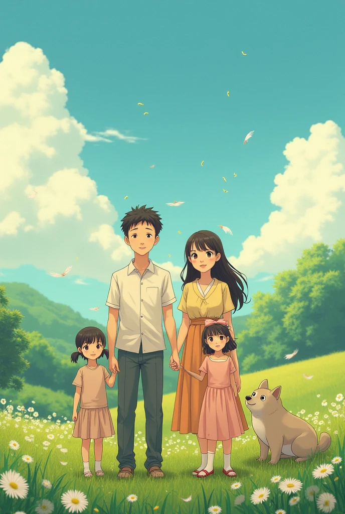 Picture where dad is on the left dad daughter in the middle small and mom on the right holding hands mom beautiful black hair higher than butt and very beautiful location so that they all stand with their backs dad is a little bigger