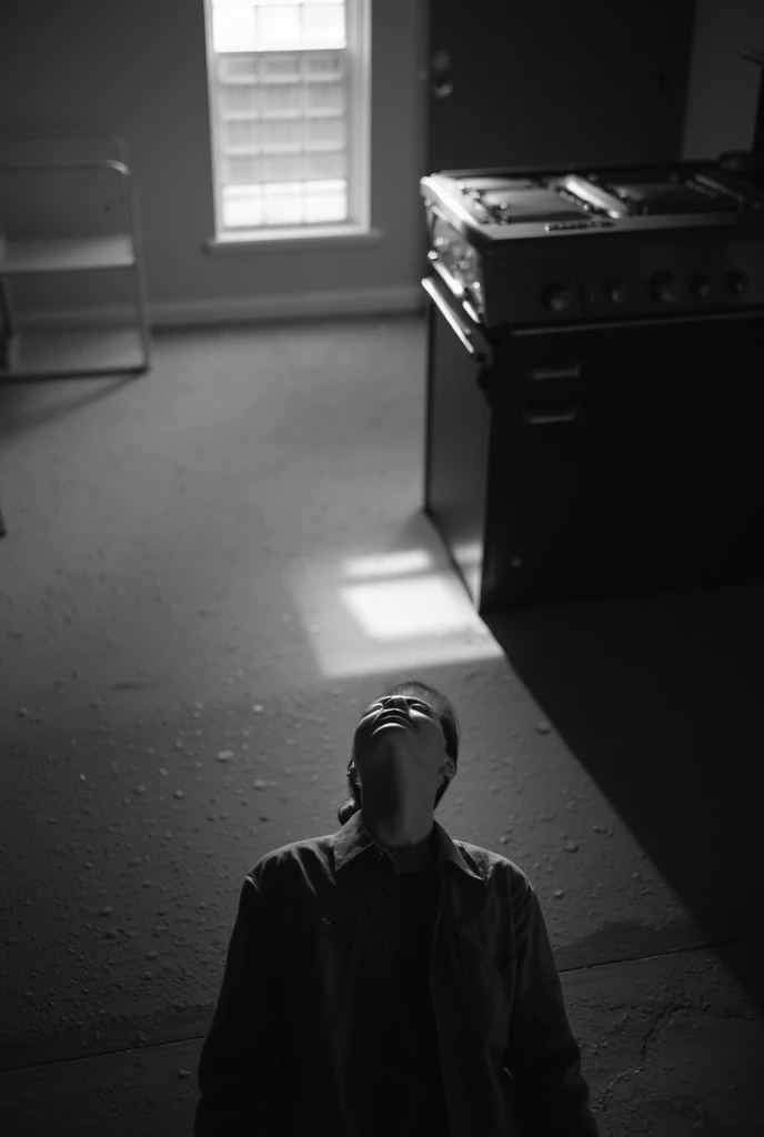 A dark and poorly lit room, A man is sitting at the table, with your back to the window. The dim light reveals a shadowy figure discreetly peering through the half-open curtains.. Your eyes glow faintly in the darkness, creating an atmosphere of suspense and intrigue, (アニメ), Bizarre scenario, This is Junji, Yusuke Murata, black andwhite, 8K, アニメ, horor, disturbing, nasty, grimdark, rotten, by Junji Ito, detailded, Surrealism