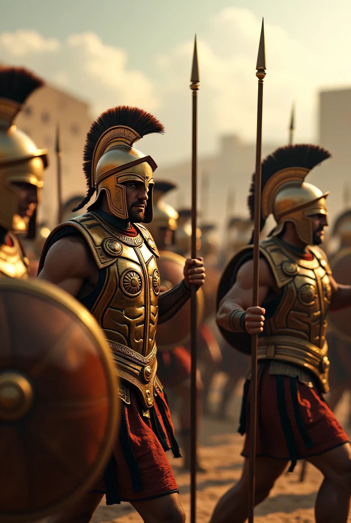 **Prompt:** Create a hyperrealistic digital artwork depicting an ancient Greek battlefield during the Spartan era. Focus on an orderly battle formation of fierce Spartan hoplite warriors, captured from a wide panoramic angle. Highlight their intricate details: warriors clad in bronze armor, gripping ornate bronze shields and long spears, set against the backdrop of the ancient city of Sparta. Ensure the composition conveys depth, utilizing octane 3D rendering techniques with ultra-realistic textures. Emphasize the lighting to evoke a cinematographic vibe, capturing the emotion and energy of the moment similar to scenes from the movie '300'. Pay attention to human anatomy, representing the warriors' fixed poses accurately. Aim for a finished product that showcases the best photography techniques with an ultra-realistic style reminiscent of National Geographic, trending in the realms of digital art and CGI. This artwork should reflect not only historical accuracy but also the grandeur and intensity of Spartan culture.