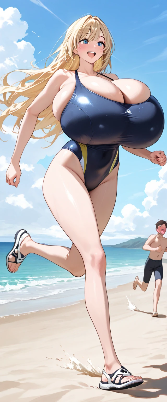 (masterpiece, Best Quality, High resolution),(4k) 1 girl, blonde, violet and black swimsuit, massage on the stomach, Whole body, big breasts,, pregnancy, looking at the viewer, beach landscape,((profile view))