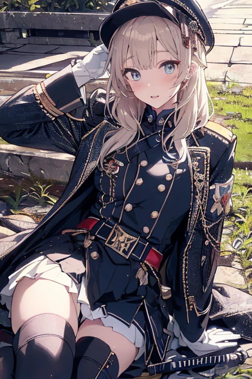 obra maestra, Female , rubia, pelo corto, ojos azules, sonriendo levemente, dressed in German Waffen SS uniform, with black riding boots with heels, de pie, cuerpo entero, apoyada en muralla baja frente al mar.