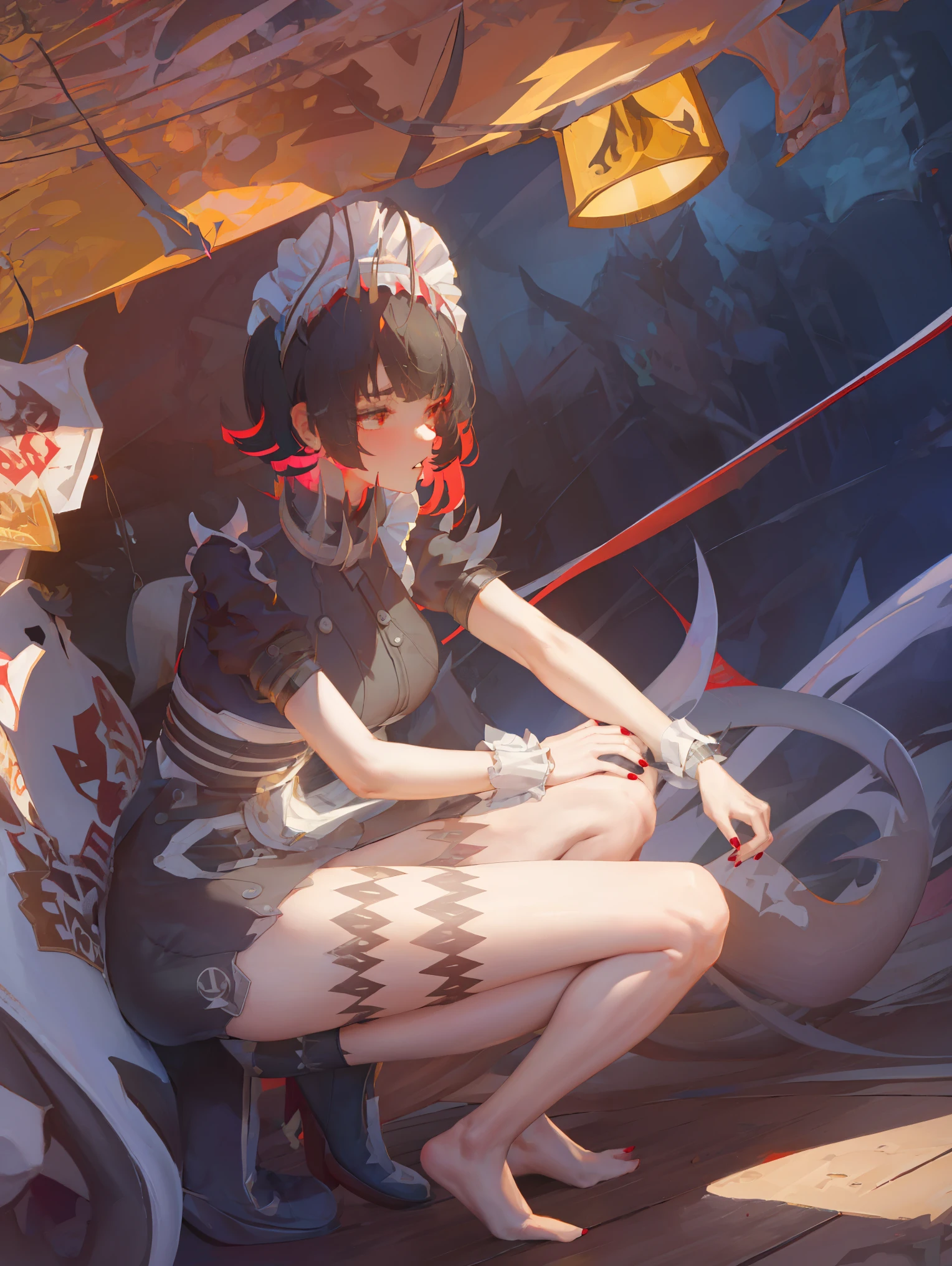 masterpiece,Official Art,NSFW, very detailed8K壁紙,very detailed,(covered nipples:1.2), (cameltoe:1.2),Absard Dress,8k resolution,girl, solo, chest, watch viewers, short hair, black hair, Red Eyes, black micro bikini, pantyhose, RED HAIR, multicoloRED HAIR, belt, Maid, Maid head, shadow, piercing, red nails,spike, Maid , creampie, spread legs,squatting, sitting, masterbation, two legs, five fingers,