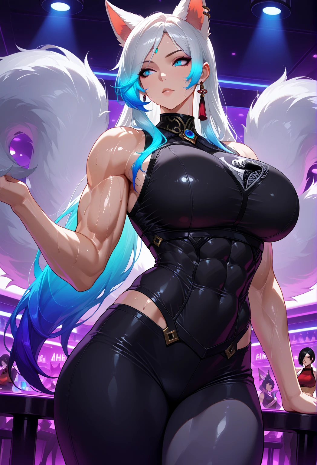 best quality, masterpiece, solo, {st louis_azurlane:1.15}, blue hair, bangs, sidelocks, breasts, large breasts, side ponytail, blush, long hair, cleavage, purple eyes, hair ornament, smile, hair between eyes, jewelry, pink eyes, 1girl, backless dress, backless outfit, bare shoulders, dress, evening gown, halter dress, halterneck, necklace, plunging neckline, revealing clothes, silver dress, earrings, grey dress, hairclip, looking at viewer, thighs, parted lips, nail polish, (abs:1.4), (muscular:1.4), (navel piercing:1.4), ((((huge muscles))))