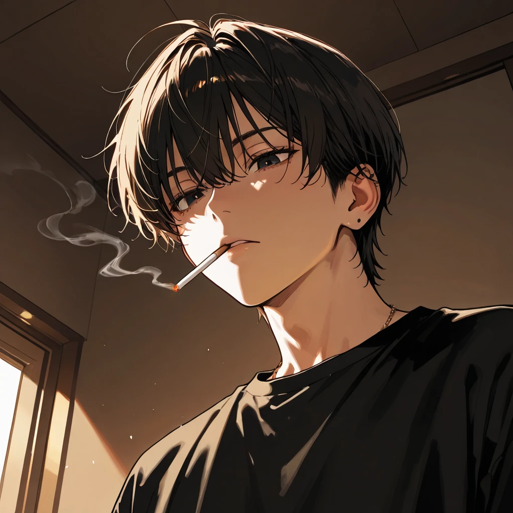 ((masterpiece, best quality), (anime), (close-up:1.36), (head-shot:1.36), (from front, facing front:1.15), (cigarette), 1man, male, solo, smoking, black hair, facing front, facing front
