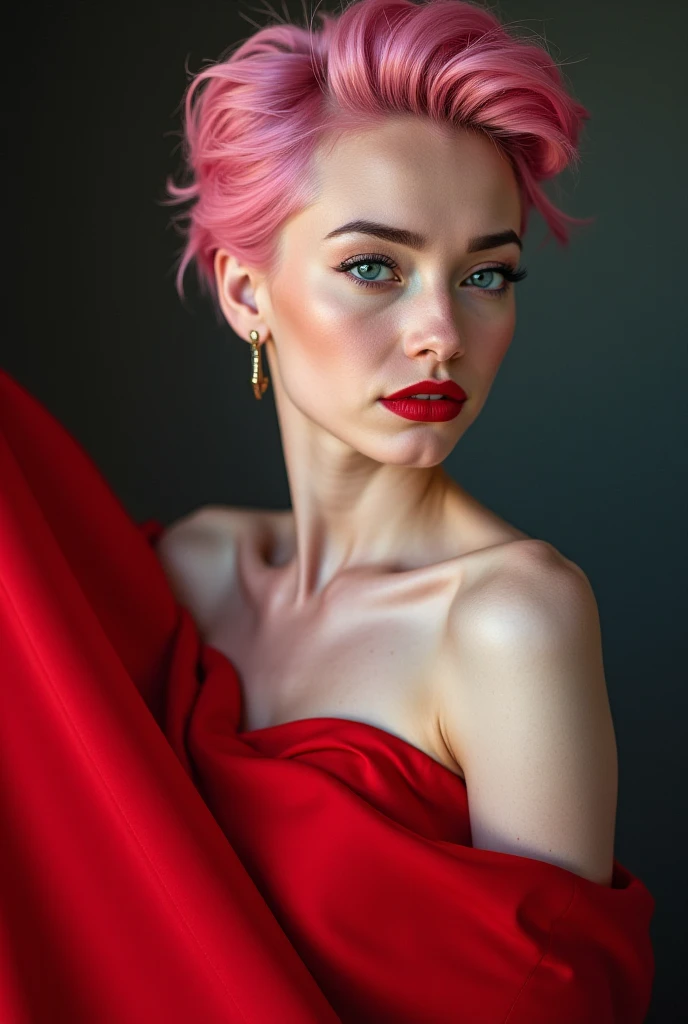 1 female , pink haired, wearing a red and black dress, in a pink room, smiling face