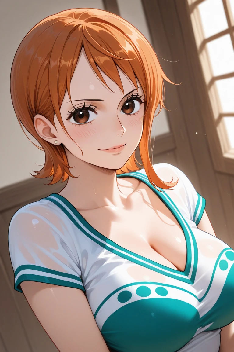 solo,
Nami,1girl,orange hair,brown eyes,
twintails,