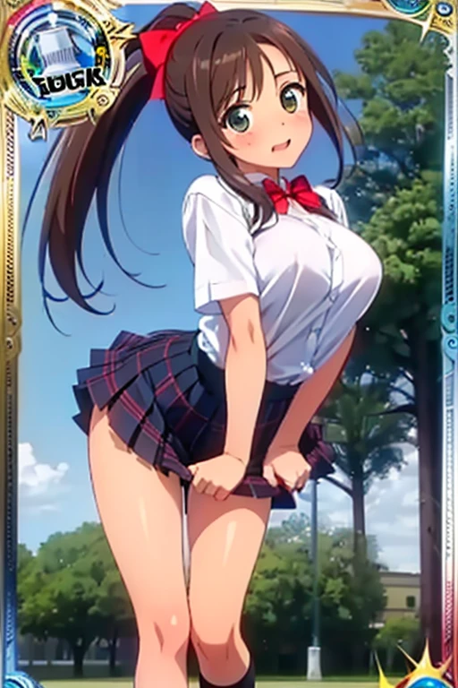 NSFW,(((masterpiece))), (((最high quality))), ((8K)), (Attention to detail), (high quality), (High resolution), Beautiful Anime Girls, One girl,B1,Hair Bun,blue eyes, Brown twin tails,Visor Cap, Mature Woman, Sensual, Thick thighs,, Large Breasts, Micro Bikini, String, (Dark Skin:1.3), Shiny wet sweaty oily skin, Glowing Skin, Pink ribbon, watch,(Captivating smile:1.2), A light smile, Grass, Thigh straps, Contrasting, Beach, Covered nipples, cleft of venus, Pussy, Camel Toe,