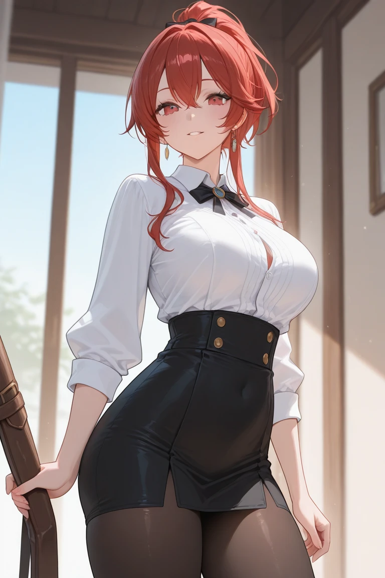 best quality, (ultra detailed:1.3), (artistic lighting:1.6), cinematic lighting, Volumetric lighting, crepuscular rays, rim lighting, sunlight, dynamic lighting, dynamic angle, <lora:makima:0.8>, makima\(chainsaw man\), <lora:Evilsmile:0.4>, evil smile, smug, closed mouth, kind eyes, half closed eyes, hand on own face, smirk, long sleeves, red hair, colorful red hair, BREAK, (saturated red hair:1.2), necktie, long tie, large breasts, BREAK , (perky breasts:1.5), (high root breasts:1.3), solo, looking at viewer, (thick thighs:1.1), wide hips, thigh gap, pants, (black pants:1.5), (yellow eyes:1.3), BREAK , 1girl, white shirt, braided ponytail, ringed eyes, (high-waist pants:1.1), shirt, braid, shirt tucked in, indoors, office, detailed background, window, black necktie, collared shirt, BREAK, (covered nipples:1.1), (puffy nipples:0.8), (beautiful detailed eyes:1.6), extremely detailed face, perfect lighting, extremely detailed CG, sharp lighting, (perfect hands, perfect anatomy), high saturation, colorful, BREAK , <lyco:GoodHands-beta2:1.15>, nice hands, perfect hands