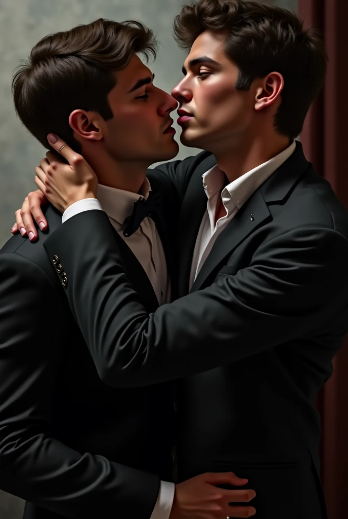 Create a dramatic, silhouetted scene featuring two figures of men in an intense moment of connection, their faces close together as if about to kiss. One of the figures holds a gun, adding an element of danger and intrigue to the scene. The background is a stark, lighted rectangle, contrasting with the dark silhouettes of the characters. The overall atmosphere should be mysterious and charged with tension, hinting at a story of forbidden love or a dangerous alliance.