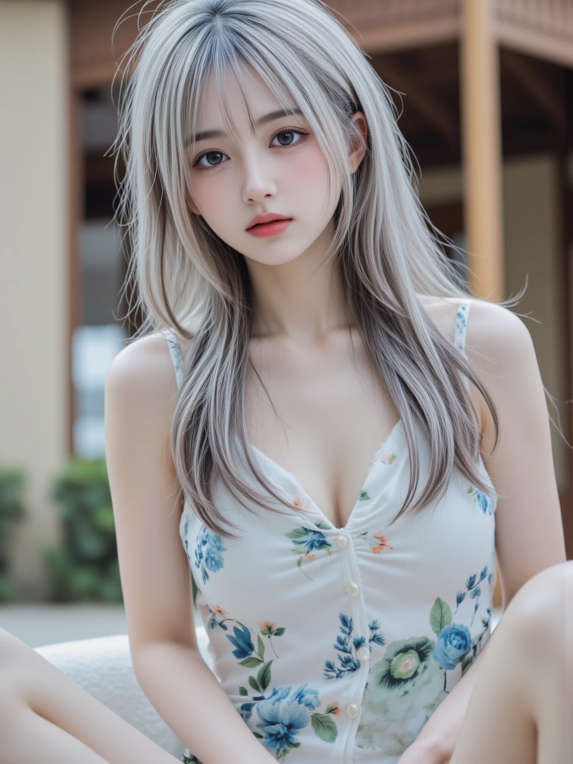 whole body、Nude,Sexy and firm small breasts、Sexy cute looks and cute 15 year old beautiful girl, Beautiful and sexy face、A strong wind blows my hair in front of my face、Beautiful long straight greyish-beige hair with beautiful, cute and sexy eyes hidden by long bangs、Completely naked、See-through,Light blue eyes、Shorts、Off the shoulder、White tube top、Down blouse、bent over、bowing、