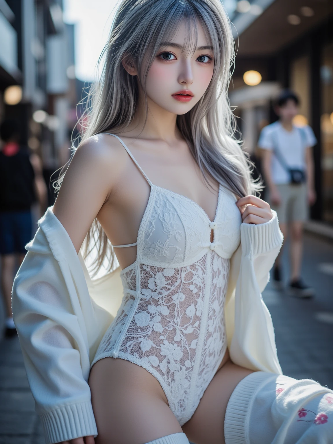 Urban Beautiful Girl College Student,tmasterpiece,Light makeup,Redlip,Silvery hair,Messy long hair,streets background,gracefulness,elegance。ultra fine detailed,Works of masters,Authentic texture,Cinematic lighting realism,perfect works,8k,k hd,Delicate facial features,White suspenders,Clear white thong,Barefoot,Full body photo,Slim figure,big bright eyes,Smooth skin,eardrop,choker necklace,Tattooed with,