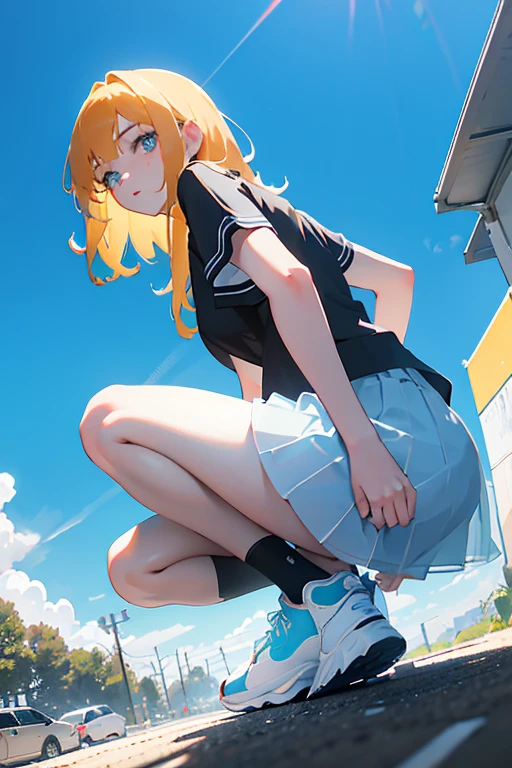 masterpiece, high quality, one girl, beautiful girl, very cute, high school student, inviting smile, bloomers, beautiful legs, sneakers, healthy thighs, open crotch, small panties