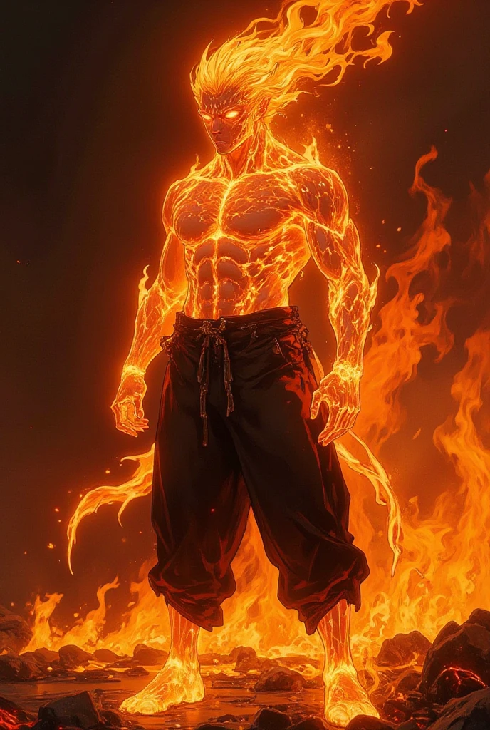 a muscular young man with orange hair and orange eyes, wearing a white kimono with golden details, using powerful fire abilities, the fire covers the entire image, detailed portrait, high definition, 8k, realistic, photorealistic, vibrant colors, dramatic lighting, masterpiece