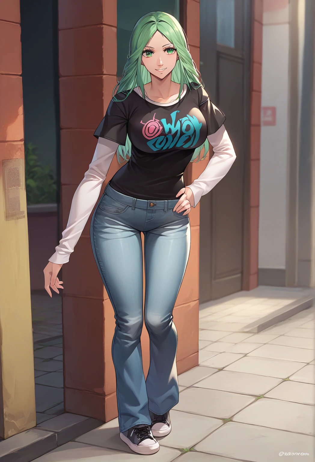 1girl, anime girl, anime, (dark skin), stylish girl, bracelet, necklace, earrings, 2d girl, 18y, (fullbody), standing, anime girl, seductive smile, (green hair), flowing hair, hair flowing in the wind, ((blue blouse)), Solo, Slim, Big Breasts, Tight Shorts, low waist shorts, upshorts, outdoors, night background, flowers, looking at viewer, darker shadows, (((Wedgie))), (((explicit))), (((explicit))), (((shorts))), (((absurdres))), (((thigh gap))), (((cameltoe))), (((cleft of venus))), (((lowleg shorts))), (((innie pussy))), (((inniepussy))), (((innie_pussy)))
