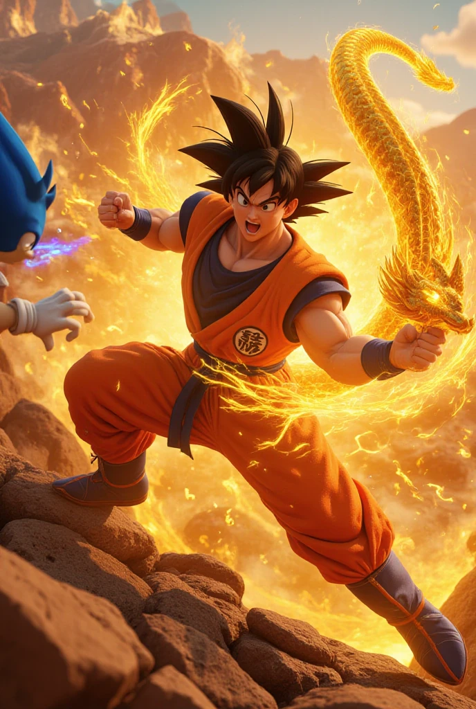 Generate me this alternate version of Goku with black hair and dark clothes standing on all realities