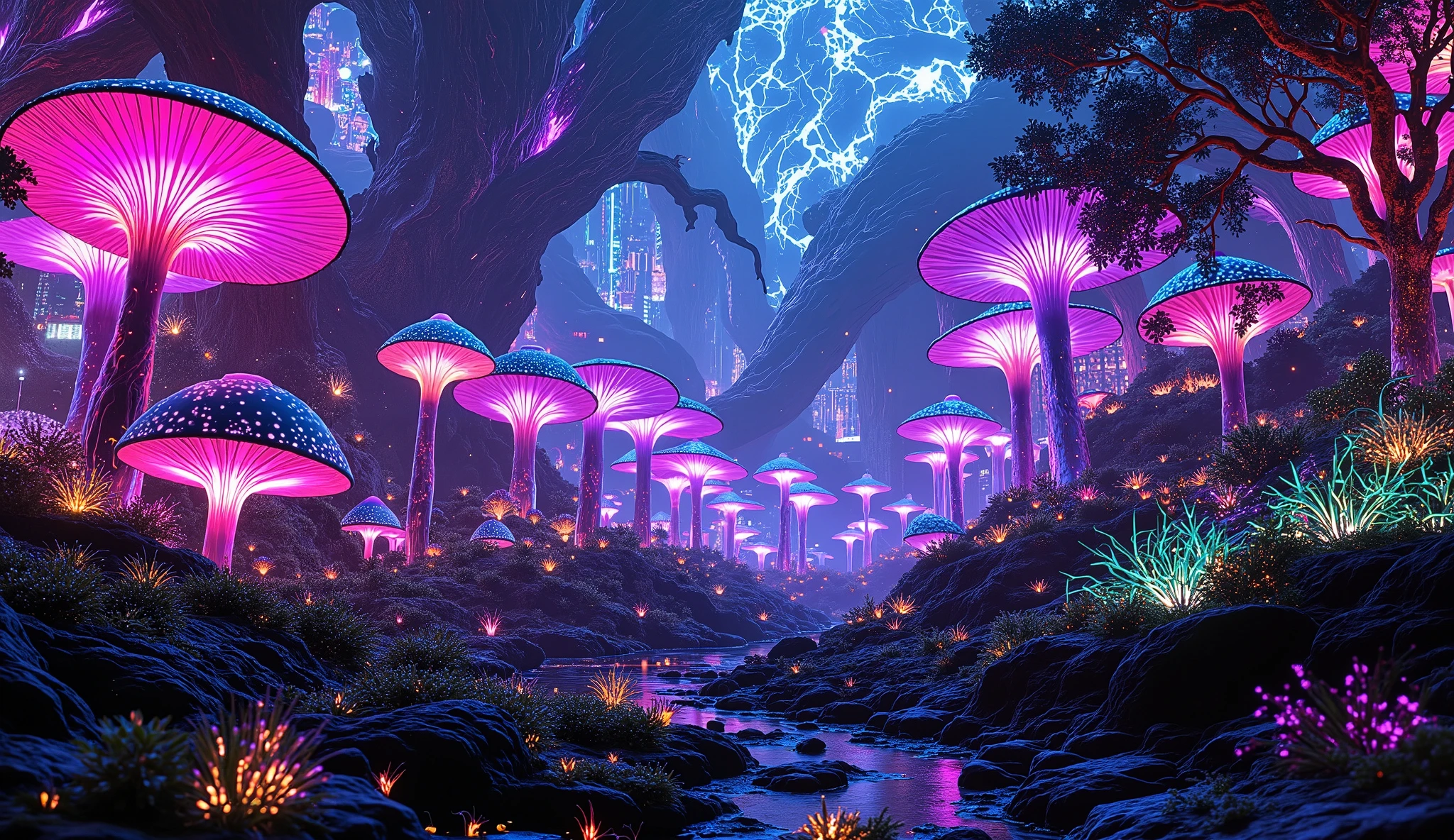 scifi, cyberpunk art, neon lights, neon colors, A vibrant forest filled with bioluminescent giant mushrooms and plants and creatures, with a futuristic city in the background.: realistic, concept art, perfect art, natural lighting, colorful, james jean, shigenori soejima, steve simpson, Rendered by octane