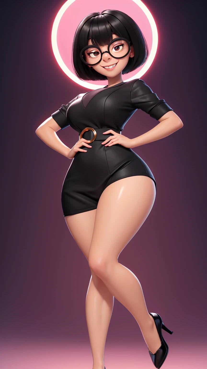 (best quality:1.4),(shiny skin), spreas my legs, spread your legs, body focus, (cute face), (((best quality))), illustration, ((Beautiful Finger)), , Beautiful body, Beautiful character design, ,perfect lighting, Colorful, Bright_Front_face_Lighting, ultra high res, highres, absurdres:1.2, bokeh:1.2, lens flare, (vibrant_color:1.2), (Beautiful, medium breasts:1.2), (thick thighs:1.1), THICK, 1girl,
Short black hair, large round glasses, big round eyes with light pupils, thin eyebrows, small nose, light skin tone, subtle smile, hands on hips, brown eyes, Edna Moda, full body view, show sexy legs, bug breasts, sexy, provocative