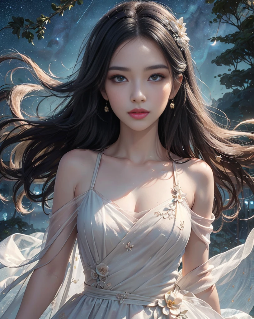 Long flowing brown hair，Fluorescent eyeshadow，Glowing pale eyes，Moon，Demon-free，Plush ears，moonlight，Flowing tulle，Best picture quality，Transparent flowers，Gradient petals，Flower hairpin，Noodles