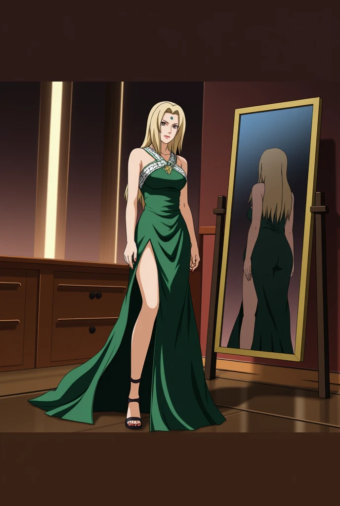 zoomed out, full body portrait, (wood panel background)
 <lora:Artemis_YJ:0.5> artemis crock \(young justice\), (sfw). ultra realistic, best quality, extremely detailed clothing fabric, extremely detailed face, perfect lighting, ultra-high res, 8K UHD, 1girl, well-toned, blonde hair, black eyes, ponytail, green arrow-shaped necklace, (black velvet gown \(5 buttons\) with deep v), left hand on hip, one leg exposed. smiling