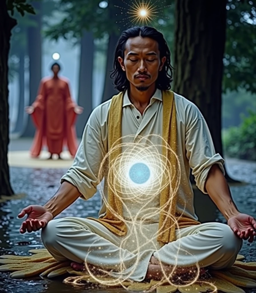 A man meditating in lotus pose while a massive cosmic entity emerges from his third eye in the shape of a large serpent