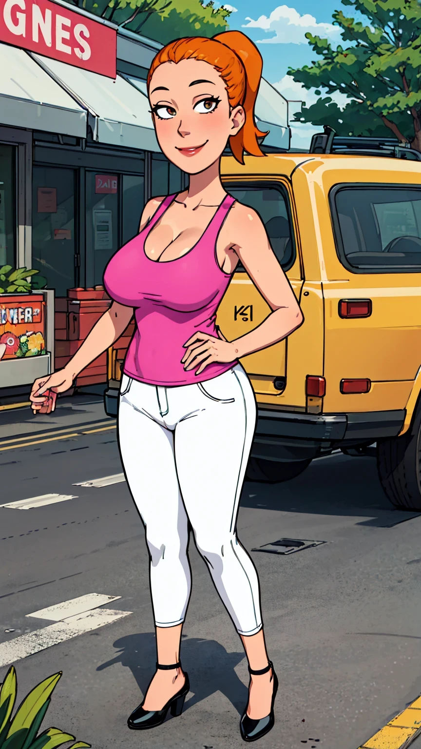 summer.smith, orange hair, 1girl, ponytail, solo, pink tank top, white pants, smile, breasts,looking at viewer, smile,black footwear, standing, huge breasts