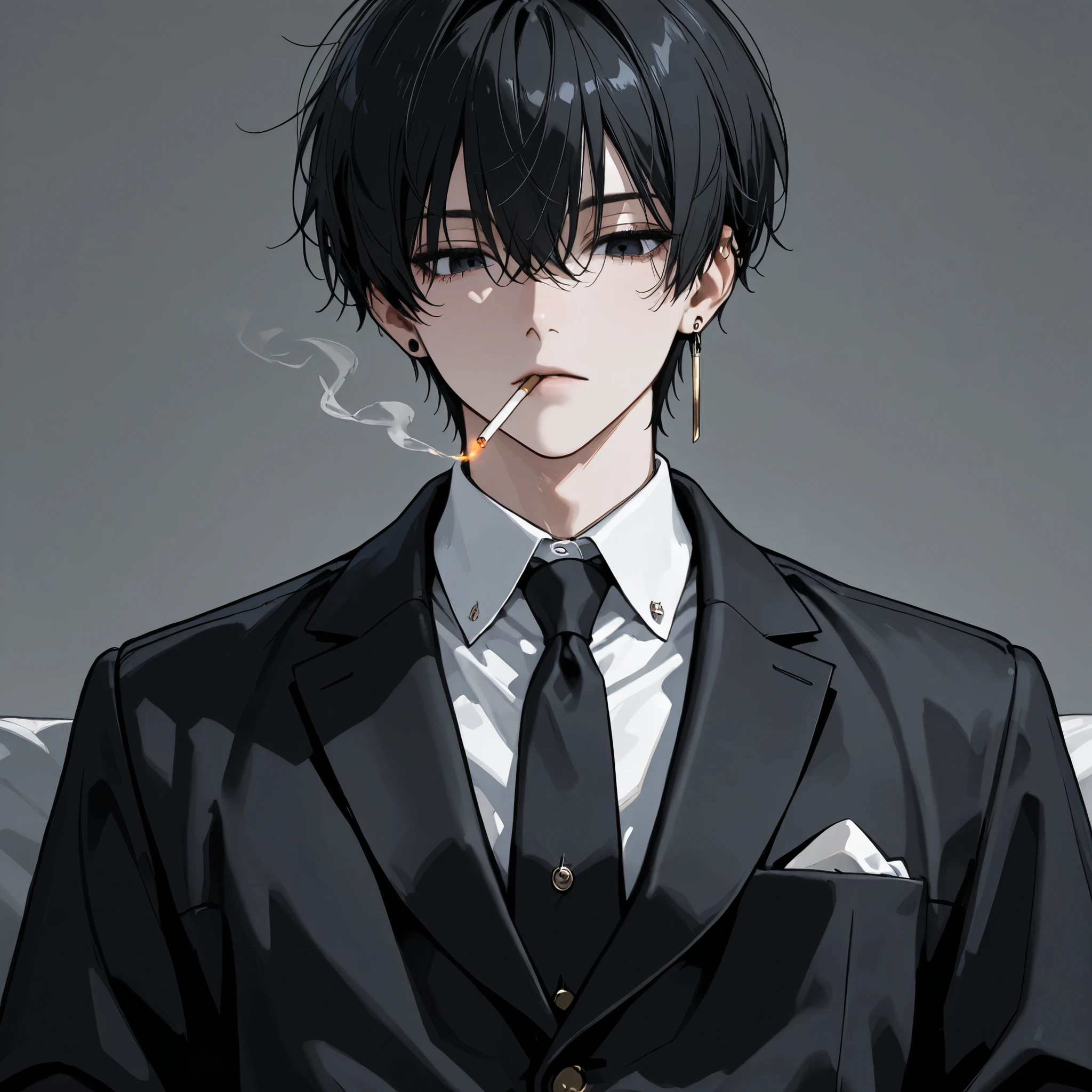 (masterpiece, high resolution, best quality)、1 male、handsome, 30 years old, tall、 black hair、 dark eyes 、bangs、重いbangs、bangsで目が隠れている、black shirt costume、Eyes are hidden by 、dynamic、root、is expressionless,Looking down,desaturated,Full shot,bust,cigarette,earrings,desaturated,drowsy,Reclining position
