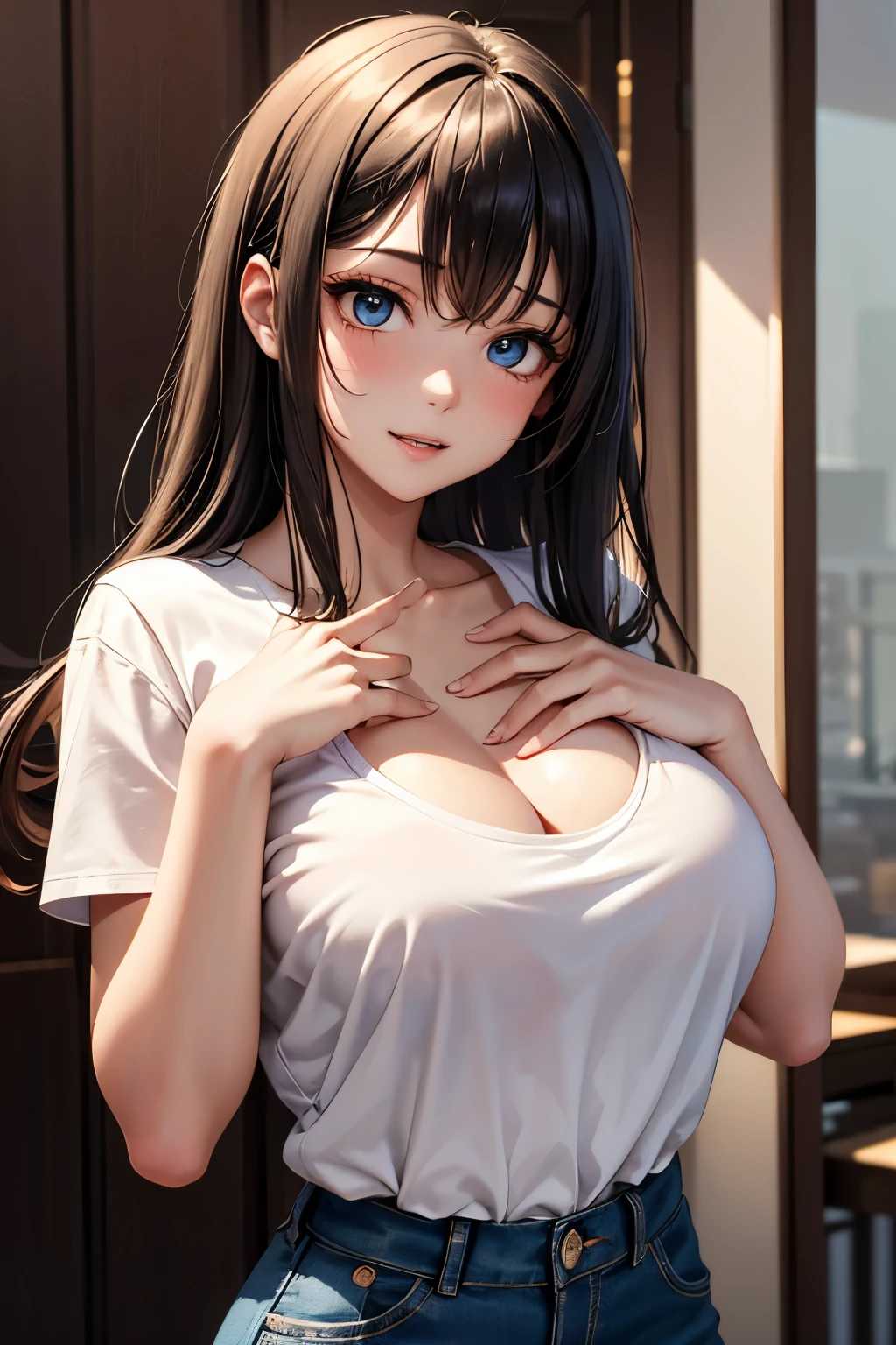 (Best quality,4K,8K,A high resolution,tmasterpiece:1.2),ultra - detailed,(actual,realistically,realistically:1.37),Ultra HD face, HighDynamicRange,hyper HD,Studio lighting,Ultra-fine painting,Focus sharp,physically-based renderingt,Extremely detailed description,professional,terror,japanese manga,sci-fy,photography,Concept artist, A woman wearing a gray off-shoulder top and denim shorts sits on the bed, Translucent top, cellular phone, Fair and translucent skin, Colossal tits, Crazy breast swelling, Chest larger than shoulder blades, Fitness model, Ruddy cheeks, Get wet all over your body, sweaty, breath through, wheezing, Shy and nervous expression