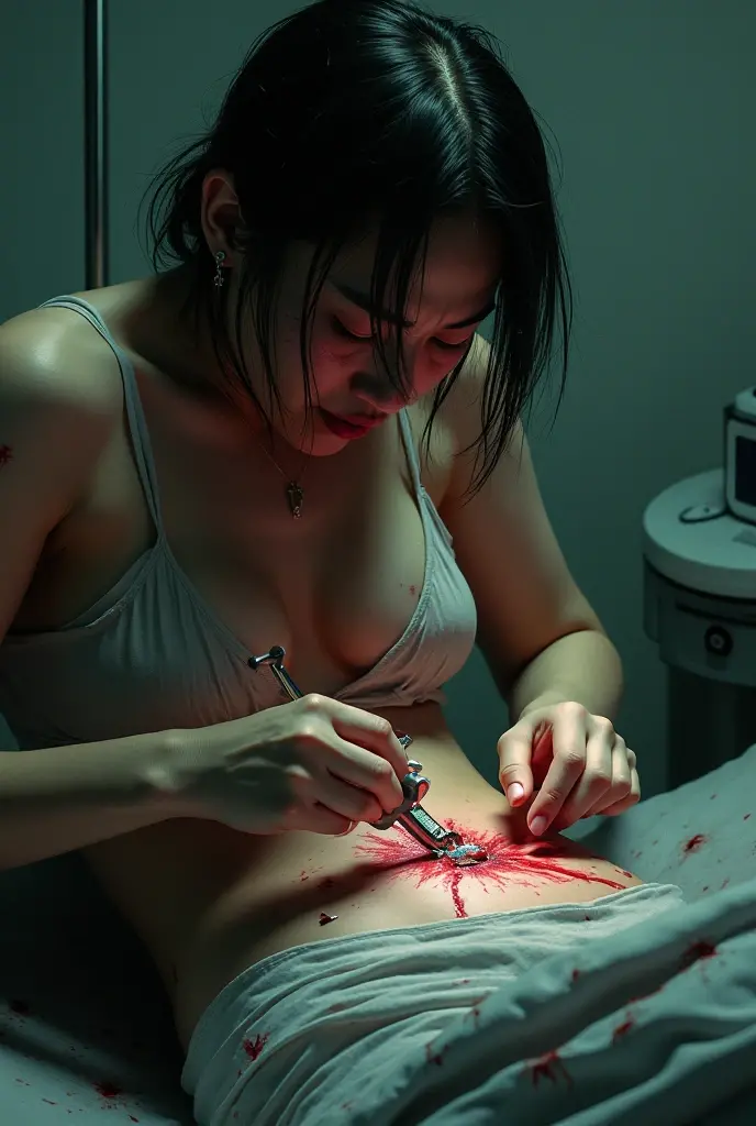 Japanese woman being vivisected, 20-year-old, operating table, laparotomy, During surgery, Dead, The most beautiful woman, The horrific treatment room, Evisceration, Highest quality, masterpiece, Ultra-high resolution, (Realistic:1.4), RAW Photos, (Real skin texture:1.3), (Film Grain:1.3),