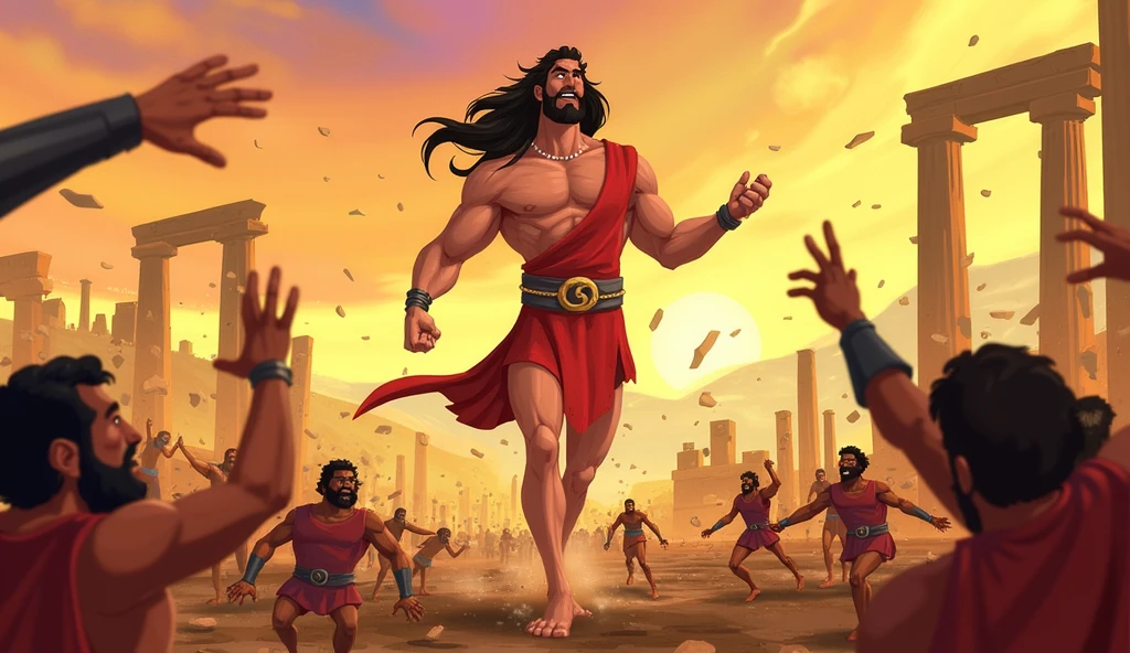 there is a man with a beard with his hands raised, usando uma roupa rasgada. In the background there are many people looking. biblical costumes. biblical setting. biblical style. Marvel comic book style.