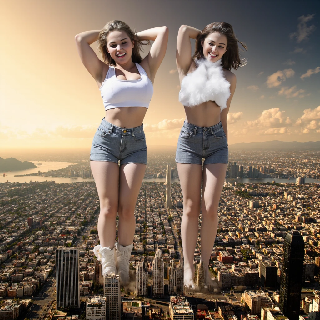 Photorealistic 8K full length photo from above of two Caucasian women in their twenties (one blonde, one brunette) who are standing over a tiny shrunken city with microscopic skyscrapers on the beach. The women are looking at each other with delight. GTS. Aerial view. Rampage.