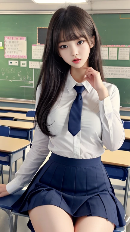 (8K, Raw photography, top-quality, masterpiece:1.2), One Woman、Japan at the age of 18,fullllbody.{scinematic angle、Wide Angle}(Realistic Skins 1.4)、(((female high-school student、School Uniforms、)))、{{Classroom}}((School Uniforms、white Cutter shirt、darkblue pleatedskirt))、50mm Lens、30mm film、wide angles、((long hair))、(A dark-haired、The forehead is hidden by bangs、)、Black eyes、shinny skin.Beautiful delicate face、Beautiful delicate eyes、{Voluptuous body shape、Thicker thighs}、One piercing in each ear、((smile:1.2)),((large breasts)), ((navy blue tie)),((standing)) ,looking at camera,((hands folded behind back)),((panty shot))
