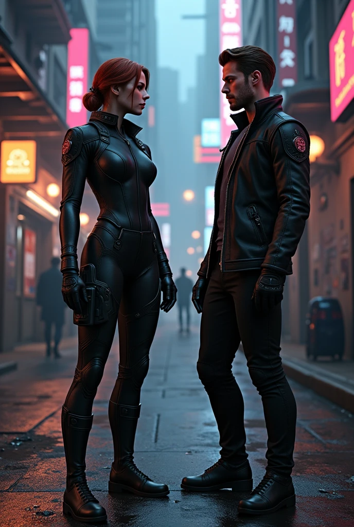 landscapes、Futuristic cities、Huge building、cyberpunked、(the Extremely Detailed CG Unity 8K Wallpapers)、most beautiful artwork in the world、Professional spectacular oil painting、with an intricate、high detailing、foco nítido、Dramatic and photorealistic pictorial art、Twin men and women line up front and back、Woman in mysterious black bodysuit in front、Wear of metal parts、short-hair、Red hair color、the tips of the hair stand up、Small breasts 1.1、Super small breasts、Less exposure、pleatedskirt、Man in black mechanical bodysuit standing behind、Golden hair、Fearless look、Slender Macho Body、2guys、