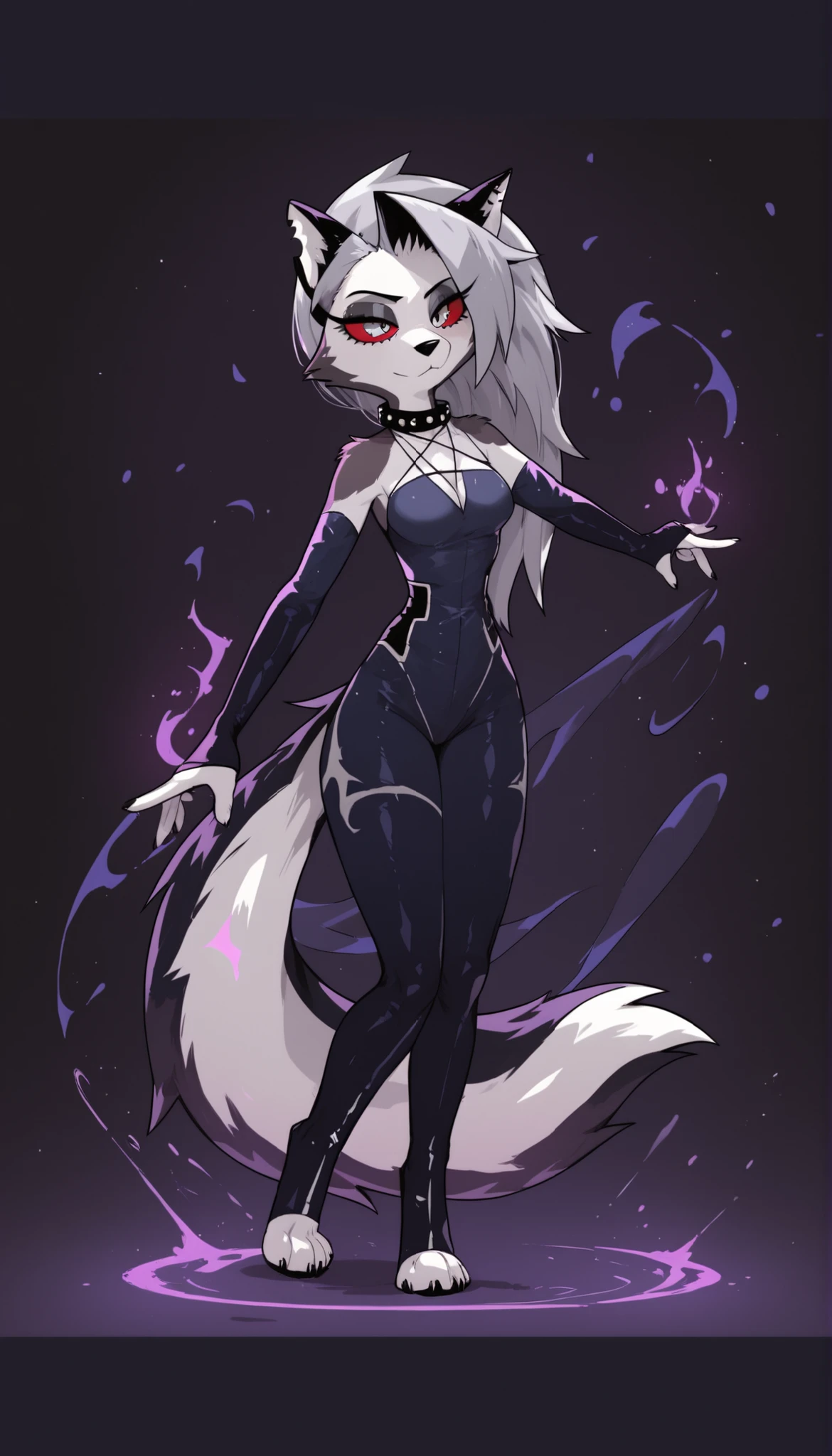 (My Hero Academia Style), masterpiece, best quality, horny expression, sexy expression, 1girl, solo, anthro, furry, fur, fluffy fur, dog girl, furry, loona \(helluva boss\), medium hair, long large tail, clean hair, detailed, sexy, head tilt, ager (18 years), medium breast, thick thighs, slim body, dog coller, (jizoku), score_9, score_8_up, score_7_up, score_6_up, score_5_up, score_4_up, sexy pose, playing whit magic, standing, thight body suit, dancing, full body, more magic, magic is like water,