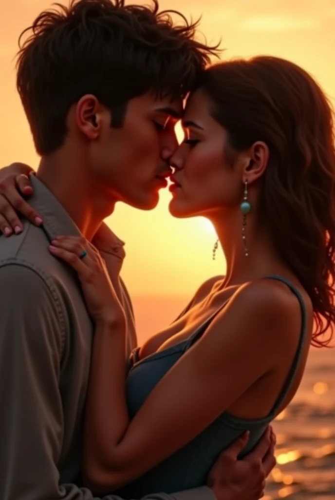 Beautiful woman kissing a man jeans on the edge of the beach. Por-do-sol. cinematic picture